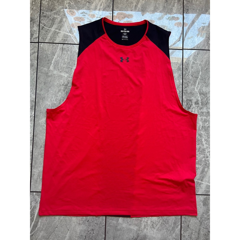 Under Armour Rush Mens 2XL Fitted Tank Top Red Black Mesh Back Muscle Shirt